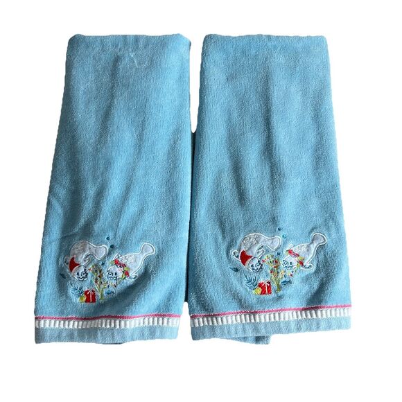 2-Classic Cato Holiday Blue Manatee Santa Christmas Bath Hand Towels Embroidered - Picture 1 of 4